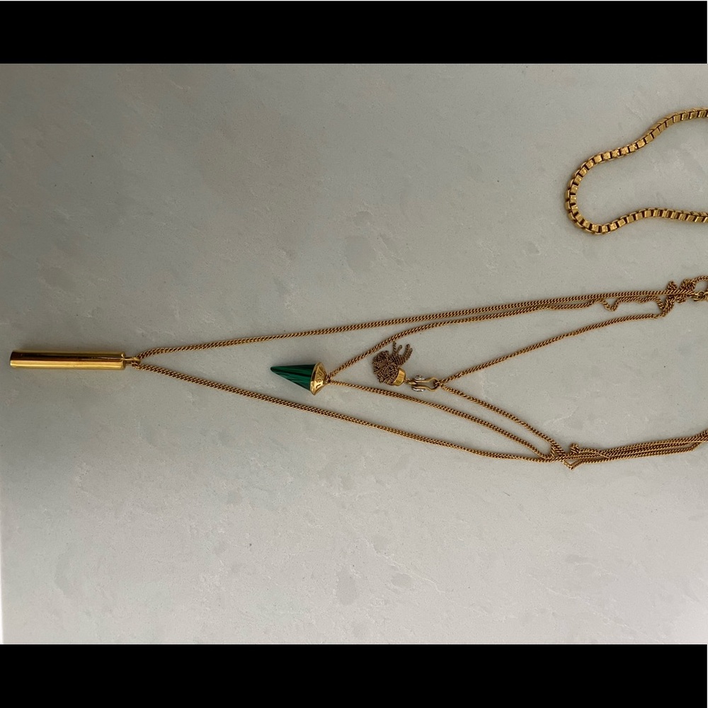 Henri Bendel Tassel Stone Layered Green Gold Necklace